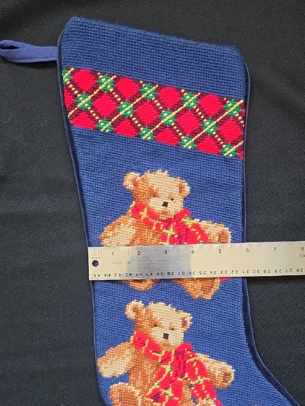 Teddy Bear Christmas Stocking with Red Plaid Accent